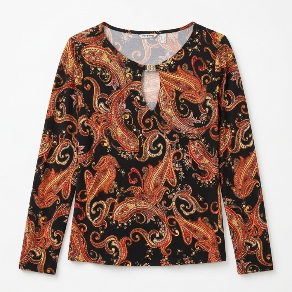 Punt Roma Paisley Keyhole Long Sleeve Tee - Black & Orange